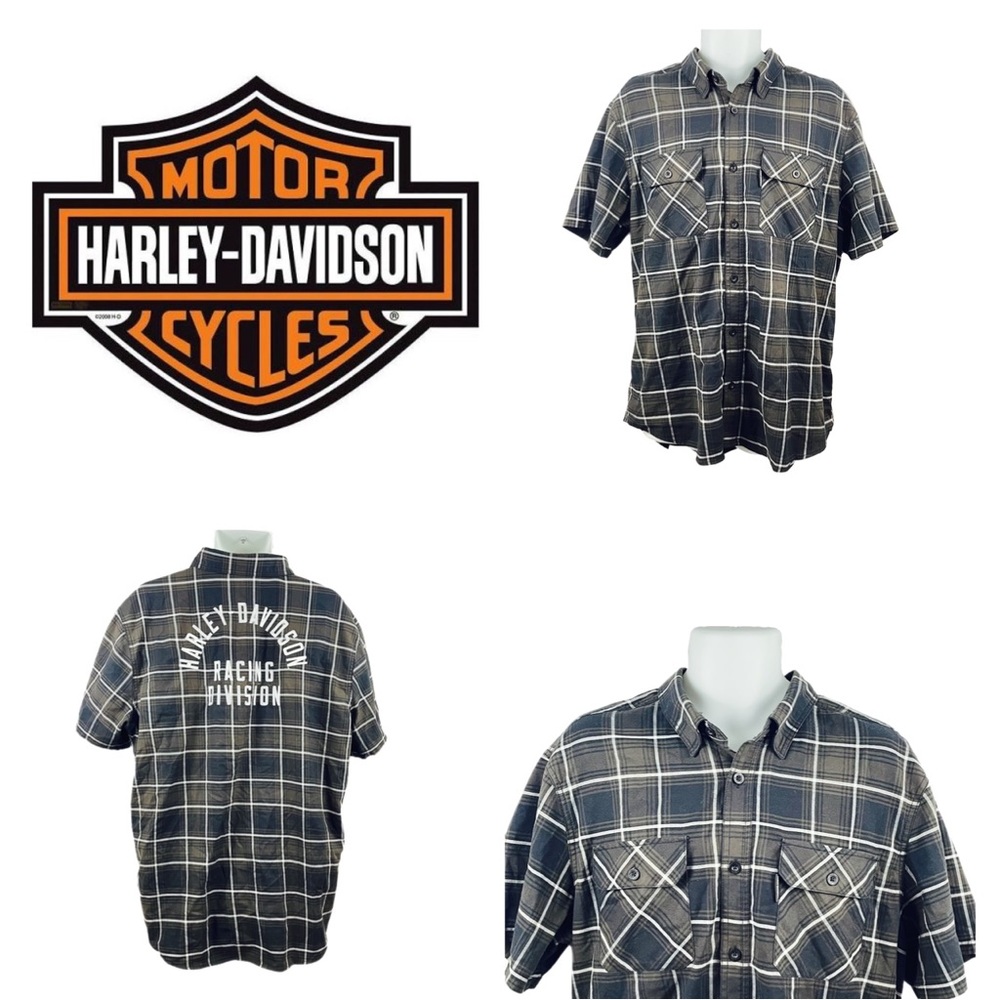 Harley Davidson Mens Gray Plaid Short Sleeve Shirt, Size XL, Embroidered Details